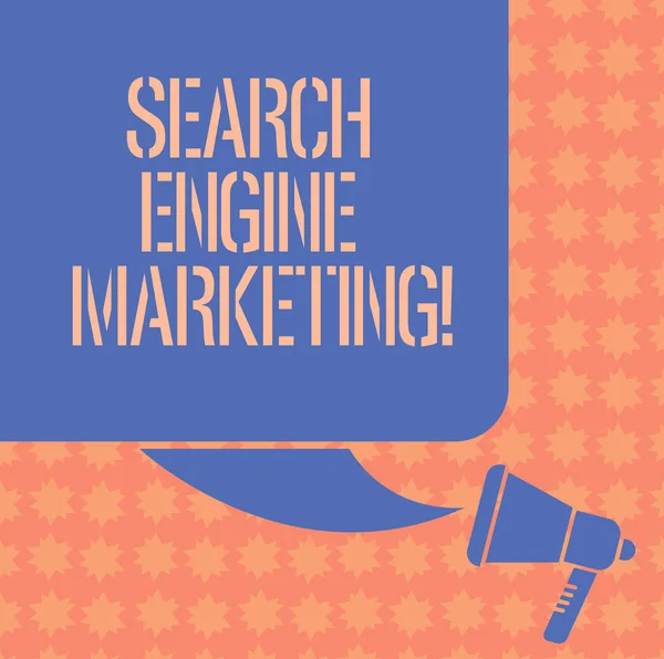 Writing note showing Search Engine Marketing. Business photo showcasing promotion of websites by increasing their visibility Color Silhouette of Blank Square Speech Bubble and Megaphone photo. — Stock Photo, Image