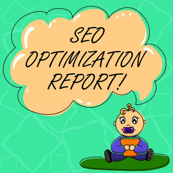 Tekst for ordskriving Seo Optimization Report. Business concept for Overview of a website perforisce in search engine Baby Sitting on Rug with Pacifier Book og Blank Color Cloud Speech Bubble . – stockfoto
