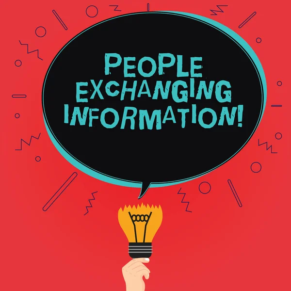 Writing note showing People Exchanging Information. Business photo showcasing passing information from one to another Oval Speech Bubble Above a Broken Bulb with Failed Idea icon.
