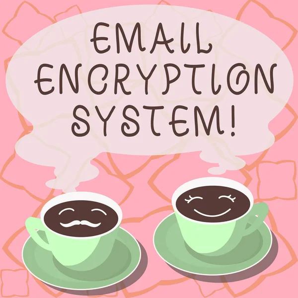 Conceptual hand writing showing Email Encryption System. Business photo showcasing Authentication mechanism of an email message Cup Saucer for His and Hers Coffee Face icon with Steam.