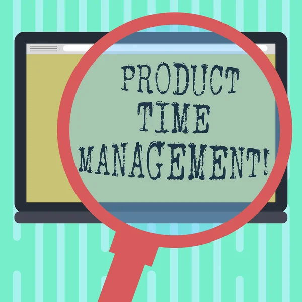 Texto para escrita de palavras Product Time Management. Conceito de negócio para organizar, planejar e analisar o tempo efetivamente Ampliação de vidro Alargamento Tablet Blank Color Screen photo text Espaço . — Fotografia de Stock