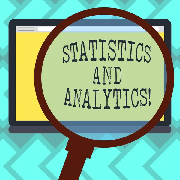 Text sign showing Statistics And Analytics. Conceptual photo Techniques used in compiling and analyzing data Magnifying Glass Enlarging Tablet Blank Color Screen photo text Space. — ストック写真