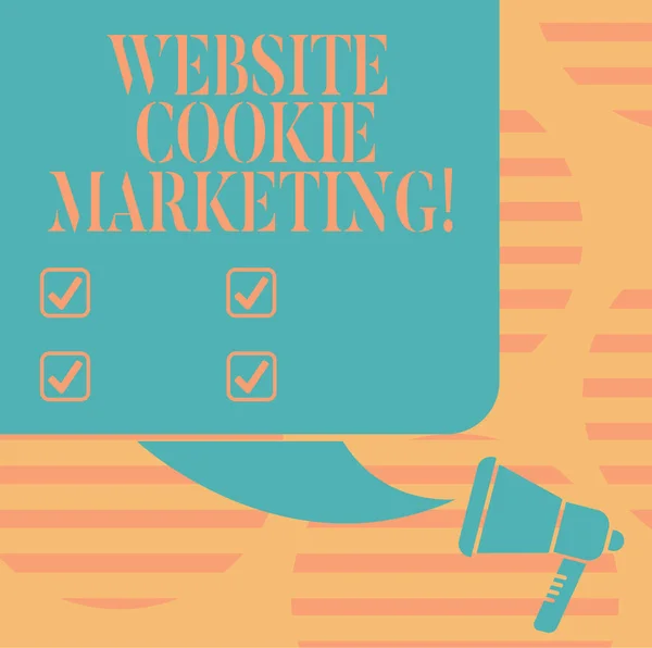 Word Writing Text Website Cookie Marketing. Geschäftskonzept für Informationen und Einsichten der Webseitenbenutzer Farbsilhouette leerer quadratischer Sprechblase und Megafon-Foto. — Stockfoto