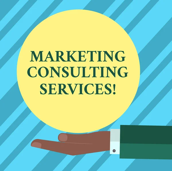 Text sign showing Marketing Consulting Services. Conceptual photo create and implement marketing strategies Hu analysis Hand in Suit Offering Blank Solid Color Circle for Logo Posters.