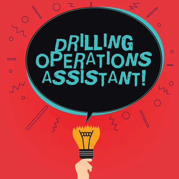 Nota di scrittura che mostra Drilling Operations Assistant. Business photo showcase supervisiona il lavoro fatto sul pavimento trapano Oval Speech Bubble Over a Broken Bulb with Failed Idea icon . — Foto Stock