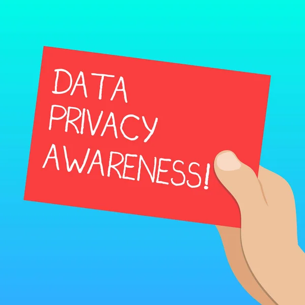 Handwriting text Data Privacy Awareness. Concept meaning Respecting privacy and protect what we share online Drawn Hu analysis Hand Holding Presenting Blank Color Paper Cardboard photo.