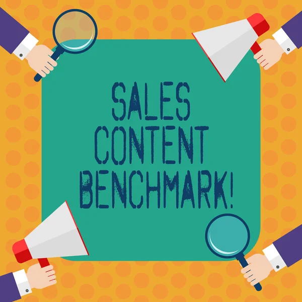 Writing note showing Sales Content Benchmark. Business photo showcasing Crafting sales enablement content that converts Hu analysis Hands Holding Magnifying Glass and Megaphone.