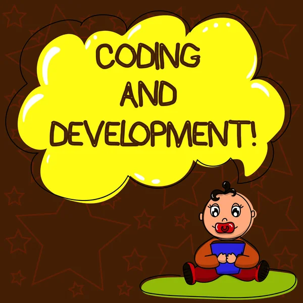 Writing Obs visar kodning och utveckling. Företag foto skylta program eller skapa en programvara eller något program som Baby sitter på matta med napp bok och Cloud pratbubblan. — Stockfoto