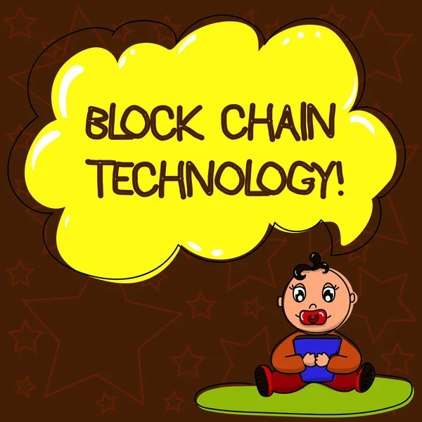 Writing note showing Block Chain Technology. Business photo showcasing Digital ledger stored in a distributed network Baby Sitting on Rug with Pacifier Book and Cloud Speech Bubble.
