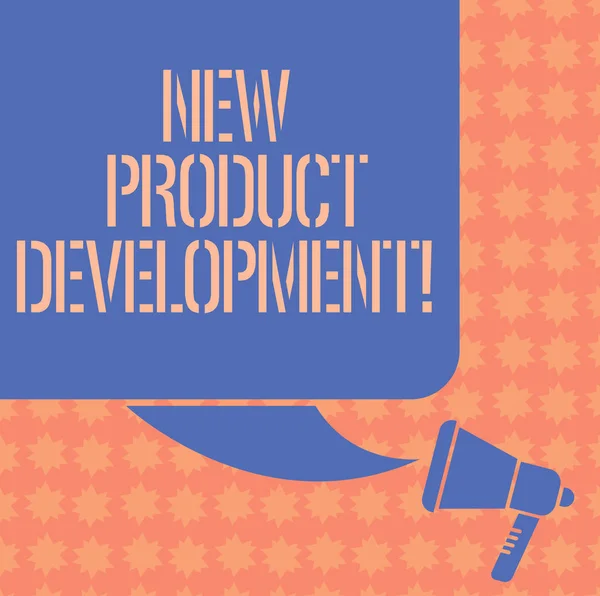 Writing Obs visar utveckling av nya produkter. Företag foto skylta processen att föra en ny produkt till marketplace färg siluett av Tom Square pratbubbla och Megaphone foto. — Stockfoto