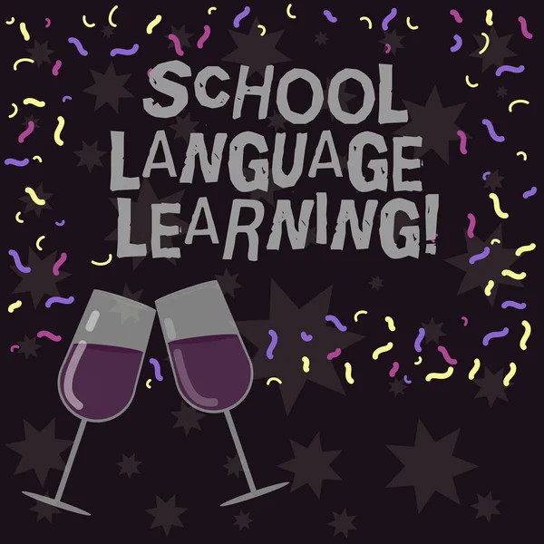 Conceptual hand writing showing School Language Learning. Business photo showcasing school where one studies a foreign language Filled Wine Glass for Celebration with Scattered Confetti.