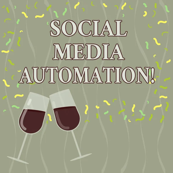 Conceptual hand writing showing Social Media Automation. Business photo text Automation of posting content to social media Filled Wine Glass for Celebration with Scattered Confetti photo.
