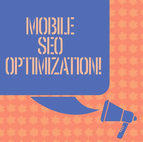 Skrivning notat, der viser Mobile Seo Optimering. Business foto fremvisning giver en hjemmeside til rang for mobile søgninger Color Silhouette af Blank Square Speech Bubble og Megaphone foto . - Stock-foto