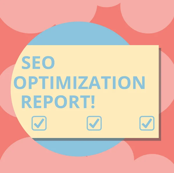 Writing note showing Seo Optimization Report. Business photo showcasing Overview of a website perforanalysisce in search engine Rectangular Color Shape with Shadow Coming Out from a Circle.
