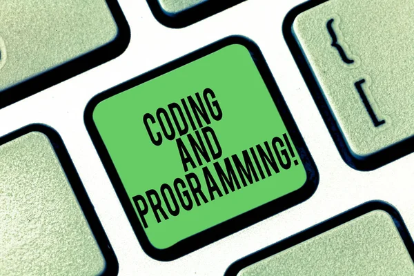 Conceptual hand writing showing Coding And Programming. Business photo showcasing Design and build an executable computer program Keyboard key Intention to create computer message idea. — Stock Photo, Image