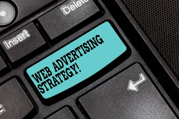 Conceptual hand writing showing Web Advertising Strategy. Business photo text uses existing social networks to promote a product Keyboard key Intention to create computer message idea. — Stock Photo, Image