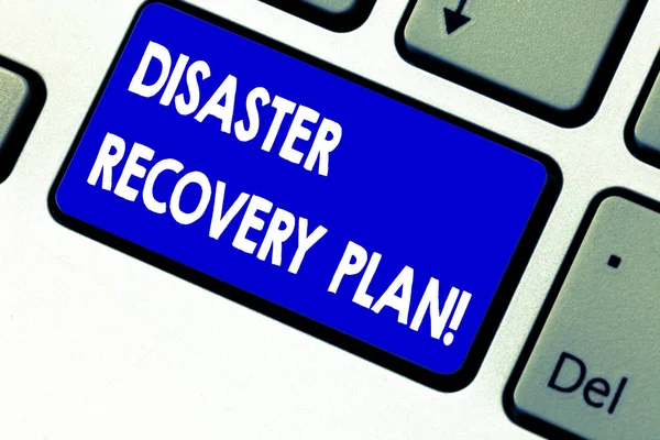 Writing note showing Disaster Recovery Plan. Business photo showcasing plan for business stability in the event of disaster Keyboard key Intention to create computer message pressing keypad idea.