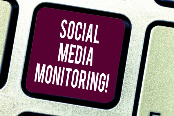 Text sign showing Social Media Monitoring. Conceptual photo way of computing popularity of a brand online Keyboard key Intention to create computer message pressing keypad idea.