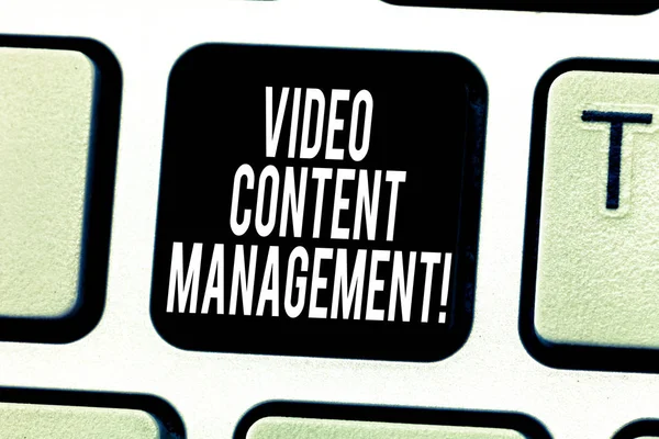 Text sign showing Video Content Management. Conceptual photo assessment of an individual s is response to a product Keyboard key Intention to create computer message pressing keypad idea.