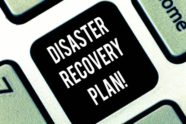 Conceptual hand writing showing Disaster Recovery Plan. Business photo showcasing plan for business stability in the event of disaster Keyboard key Intention to create computer message idea.