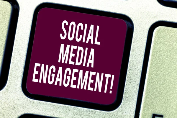 Text sign showing Social Media Engagement. Conceptual photo Communicating in an online community platforms Keyboard key Intention to create computer message pressing keypad idea.