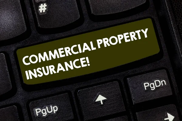 Writing note showing Commercial Property Insurance. Business photo showcasing provides protection against most risks Keyboard key Intention to create computer message pressing keypad idea.