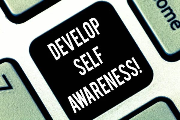 Conceptual hand writing showing Develop Self Awareness. Business photo showcasing Improve sharp realization of ones demonstratingality Keyboard key Intention to create computer message idea.