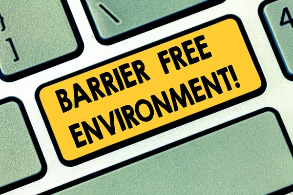 Text sign showing Barrier Free Environment. Conceptual photo free of potential obstacles to individuals Keyboard key Intention to create computer message pressing keypad idea.