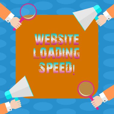 Word metin Web sitenizin yükleme hızı yazma. Hu analiz eller her Holding Büyüteç Camı Web sayfasının tüm içerik ve megafon 4 köşe üzerinde görüntülemek için iş kavramı için zaman alır.