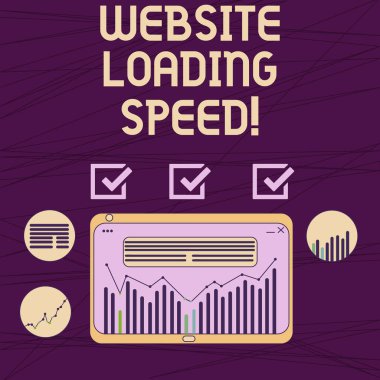 Kavramsal el Web sitenizin yükleme hızı gösterilen yazma. Tablet üzerinde bir Web sayfası dijital karma, sütun veri grafik grafik tüm içeriğini görüntülemek için zaman vitrine iş fotoğrafı çeker.