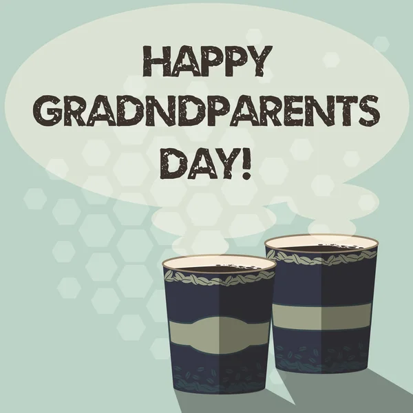 Szöveg írása boldog nagyszülők napja szó. Üzleti koncepció a nemzeti ünnep ünnepli, és tartsák tiszteletben a nagyszülők két hogy megy pohár ital és Steam ikon üres beszéd buborék kép. — Stock Fotó