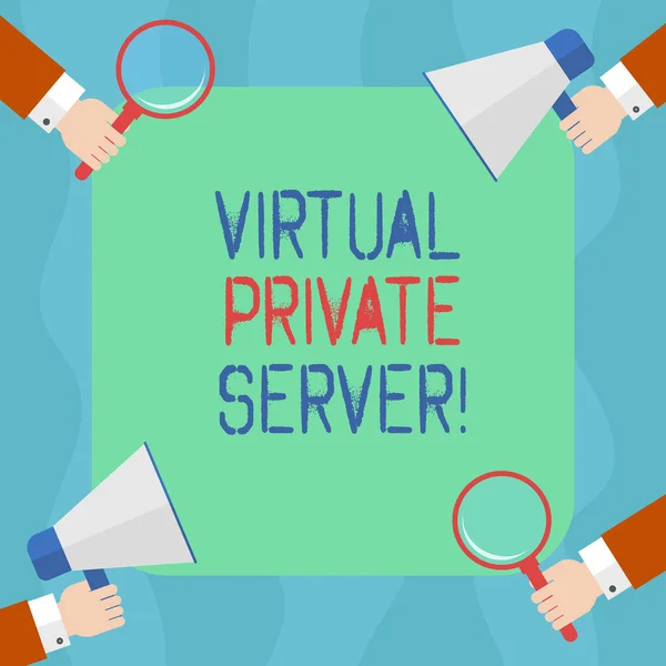 Scrittura manuale concettuale che mostra Server Privato Virtuale. Testo fotografico aziendale venduto come servizio da un servizio di hosting Internet Analisi Hu Mani in mano Lente d'ingrandimento e Megafono . — Foto Stock