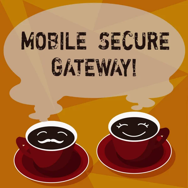 Panneau texte montrant Mobile Secure Gateway. Photo conceptuelle Dispositifs de sécurisation contre l'hameçonnage ou l'attaque malveillante Ensembles de soucoupe pour son et son icône de visage de café avec vapeur vierge . — Photo