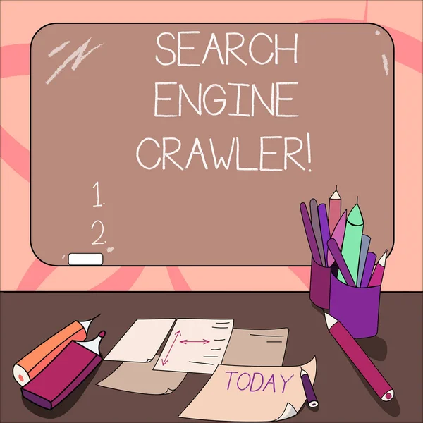 Nota di scrittura che mostra Search Engine Crawler. Programma di presentazione di foto aziendali o script automatizzato che sfoglia la lavagna montata sul web con fogli di strumenti di scrittura gesso sulla scrivania . — Foto Stock