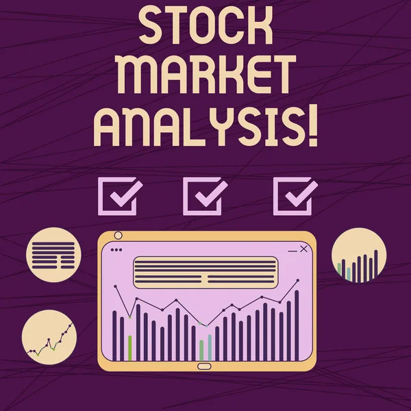 Conceptual hand writing showing Stock Market Analysis. Business photo showcasing Enables investors to know the worth before investing Digital Combination of Column Data Graphic Chart on Tablet.