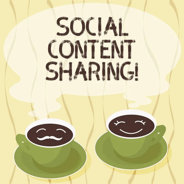Handwriting text Social Content Sharing. Concept meaning spreading of webpage and blog content in social media Sets of Cup Saucer for His and Hers Coffee Face icon with Blank Steam.