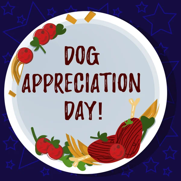 Word writing text Dog Appreciation Day. Business concept for a day to appreciate your best friend on four legs Hand Drawn Lamb Chops Herb Spice Cherry Tomatoes on Blank Color Plate.