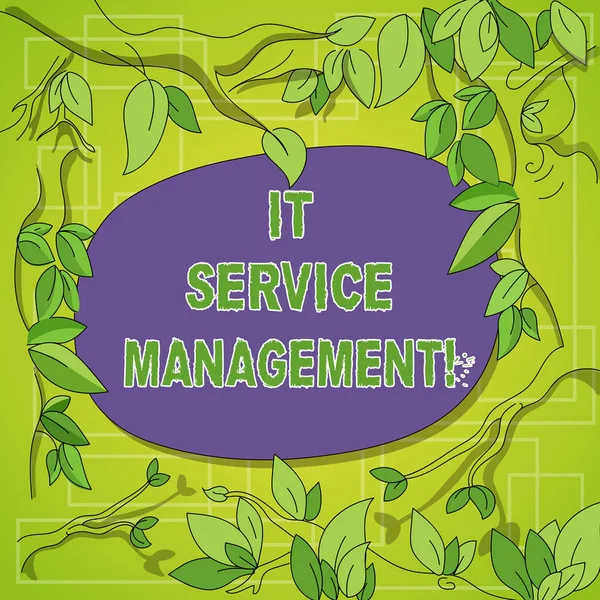 Note d'écriture montrant It Service Management. Photo d'affaires montrant le processus d'alignement des services informatiques d'entreprise Branches d'arbre dispersées avec des feuilles entourant l'espace de texte en couleur vierge . — Photo