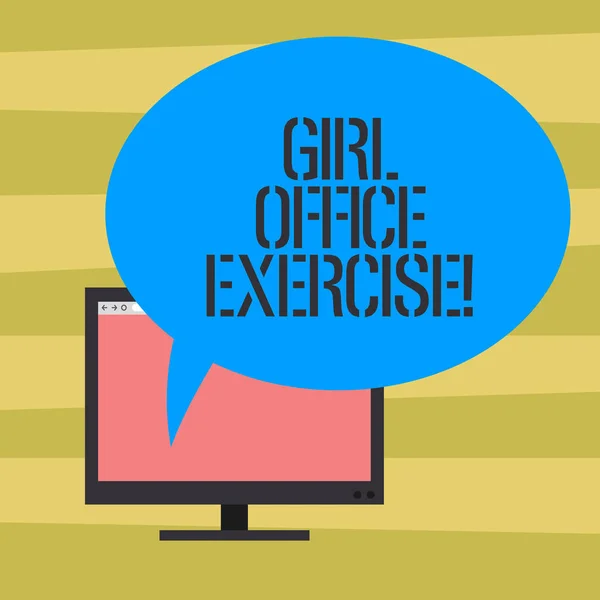 Text sign showing Girl Office Exercise. Conceptual photo Promote physical health at work for office staf Mounted Computer Monitor Blank Screen with Oval Color Speech Bubble.