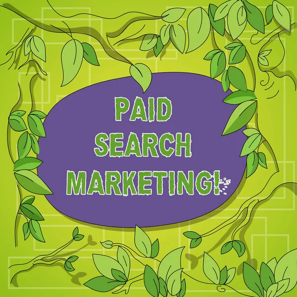 Writing note showing Paid Search Marketing. Business photo showcasing way to pay to ads through the internet search engines Tree Branches Scattered with Leaves Surrounding Blank Color Text Space.