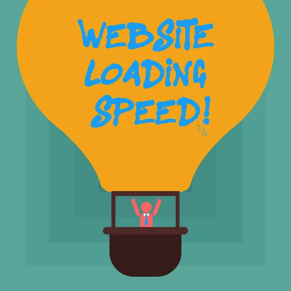 Conceptual hand writing showing Website Loading Speed. Business photo showcasing time takes to display the entire content of a webpage Hu analysis Dummy Arms Raising in Gondola Riding Air Balloon.
