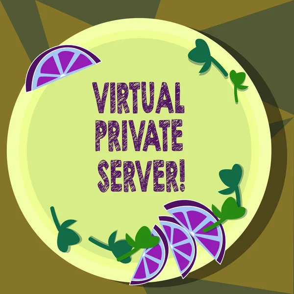 Segno di testo che mostra Virtual Private Server. Foto concettuale venduta come servizio da un servizio di hosting Internet Ritagli di zeppa di calce tagliata e foglie di erbe su piastra di colore rotonda vuota . — Foto Stock