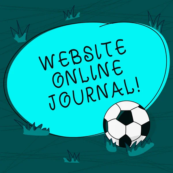 Conceptual hand writing showing Website Online Journal. Business photo text periodical publication published in electronic format Soccer Ball on the Grass and Blank Round Color Shape photo.