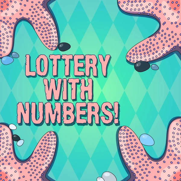 Text sign showing Lottery With Numbers. Conceptual photo game of chance in which showing buy numbered tickets Starfish photo on Four Corners with Colorful Pebbles for Poster Ads Cards.