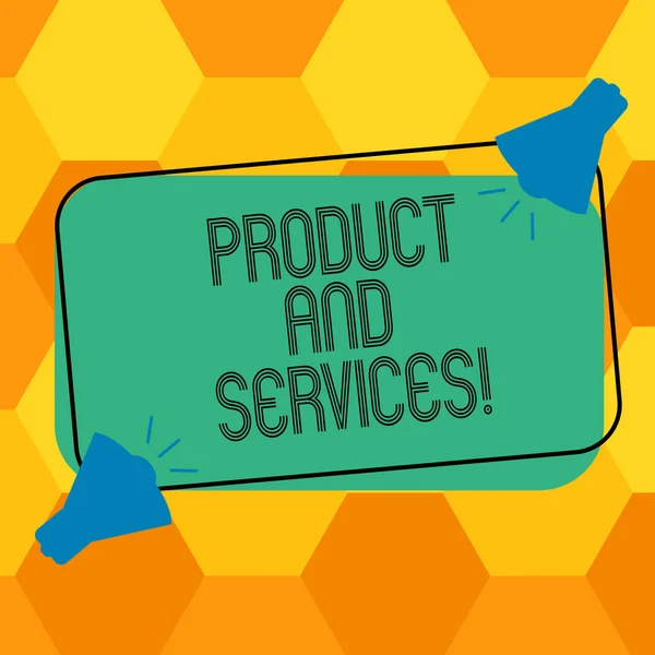 Håndskriftstekst - Produkt og tjenester. Betegnelse som betyr "Varige gjenstander og aktiviteter som kan tilbys til markedet To megafon med lyd ikon på tom farge", skissert rektangulær form . – stockfoto