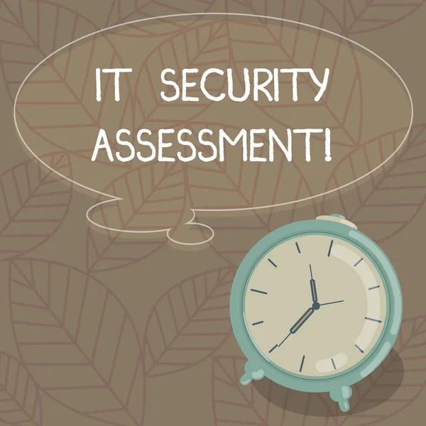 Writing note showing It Security Assessment. Business photo showcasing ensure that necessary security controls are in place Blank Color Thought Speech Bubble with Outline and Alarm Clock photo.