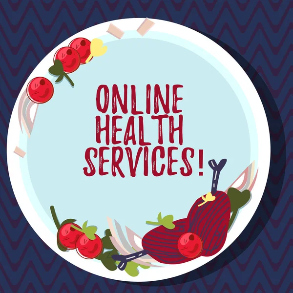 Text sign showing Online Health Services. Conceptual photo Healthcare practice supported by electronic processes Hand Drawn Lamb Chops Herb Spice Cherry Tomatoes on Blank Color Plate.