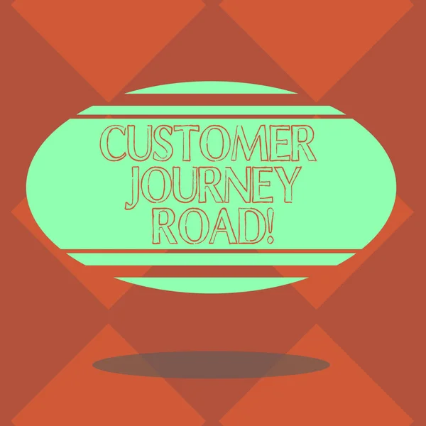 Testi scritti a mano Customer Journey Road. Concetto significato Esperienze dei clienti quando interagiscono con il tuo marchio Forma ovale a colori vuoti con striscia orizzontale galleggiante e ombra foto . — Foto Stock