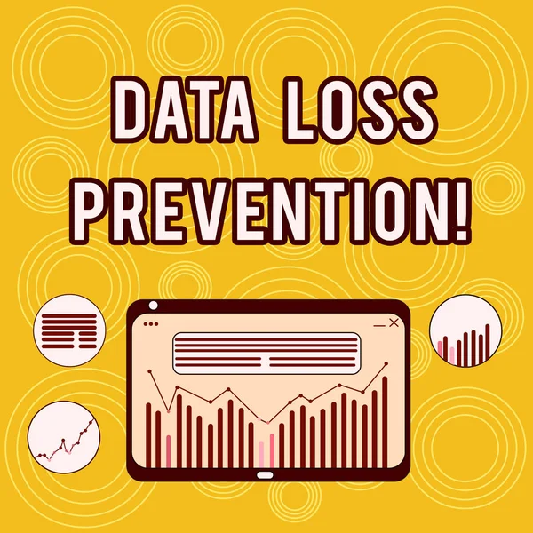 Writing note showing Data Loss Prevention. Business photo showcasing Software that detects potential data breaches Digital Combination of Column Line Data Graphic Chart on Tablet Screen.