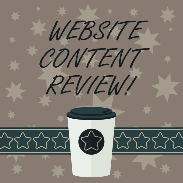 Opmerking weergegeven: Website Content Review schrijven. Zakelijke foto presentatie evalueren het proces dat het beoordelen en verbeteren van inhoud 3d aan ga kopje koffie met een deksel Cover en sterren op Strip lege tekst ruimte. — Stockfoto